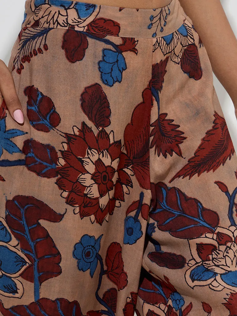 Utsa Beige Floral Printed High-Rise Palazzos