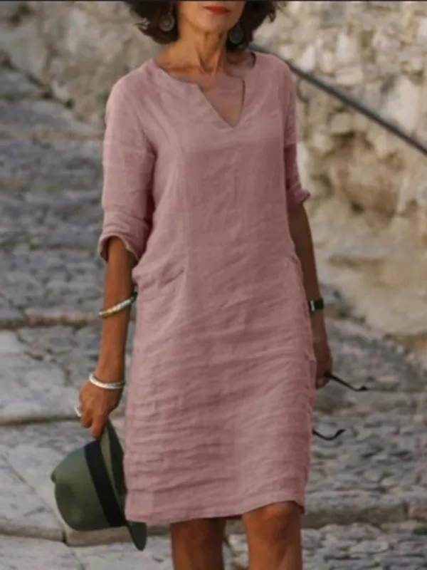V-Neck Cotton Linen Dress with Mid Sleeves and Slim Fit