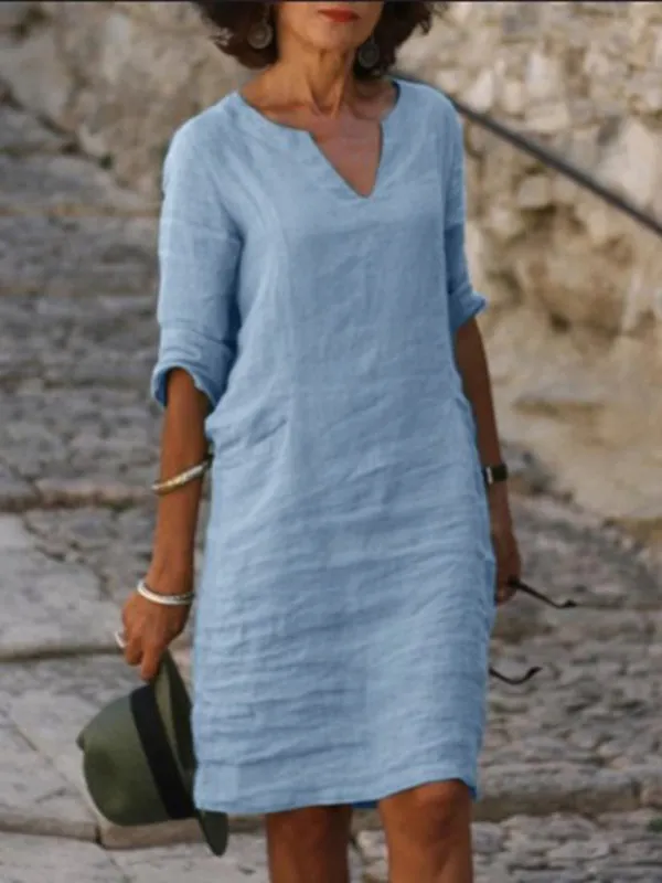 V-Neck Cotton Linen Dress with Mid Sleeves and Slim Fit
