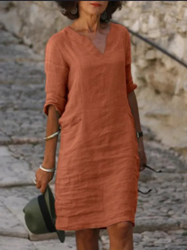 V-Neck Cotton Linen Dress with Mid Sleeves and Slim Fit
