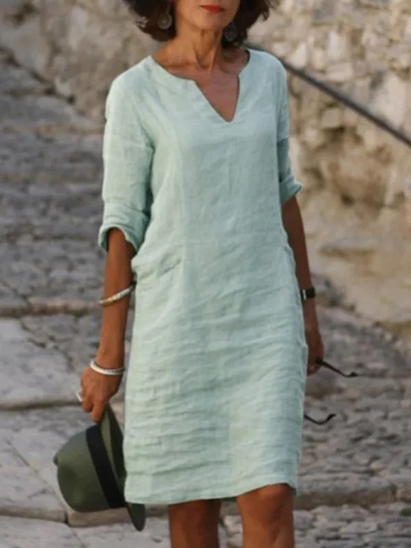 V-Neck Cotton Linen Dress with Mid Sleeves and Slim Fit