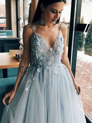 V Neck Open Back Light Blue Floral Long Prom Dresses, V Neck Light Blue Formal Evening Dresses with Flowers
