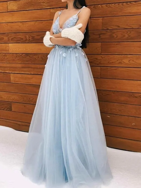 V Neck Open Back Light Blue Floral Long Prom Dresses, V Neck Light Blue Formal Evening Dresses with Flowers