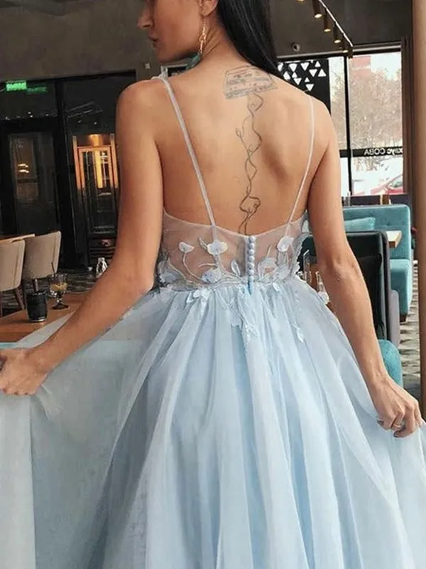 V Neck Open Back Light Blue Floral Long Prom Dresses, V Neck Light Blue Formal Evening Dresses with Flowers