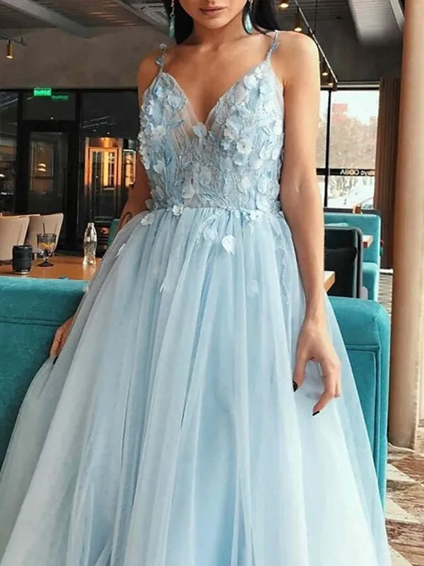 V Neck Open Back Light Blue Floral Long Prom Dresses, V Neck Light Blue Formal Evening Dresses with Flowers