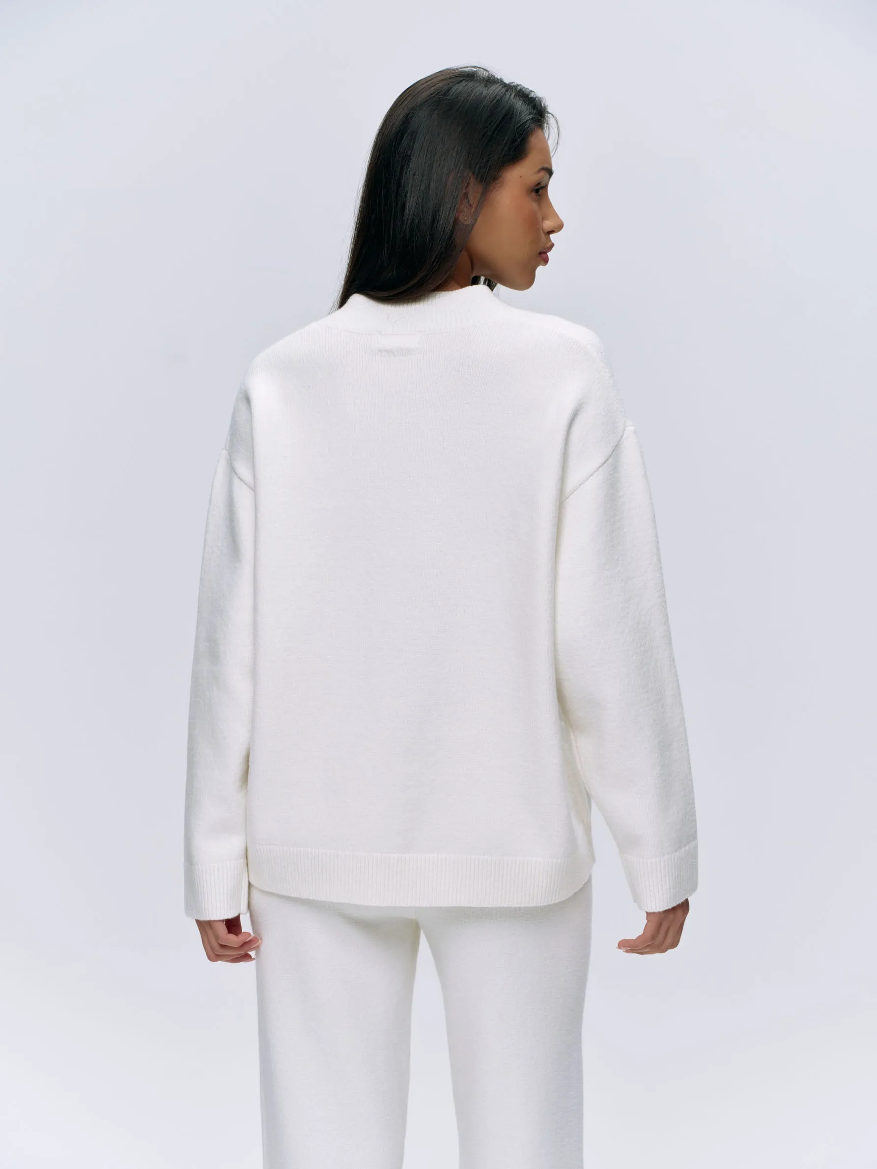 V Neck Oversized Knit Sweatshirt - Cream