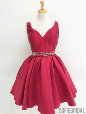 V Neck Red See Through Beading Custom Cheap Homecoming Dresses 2018, CM427