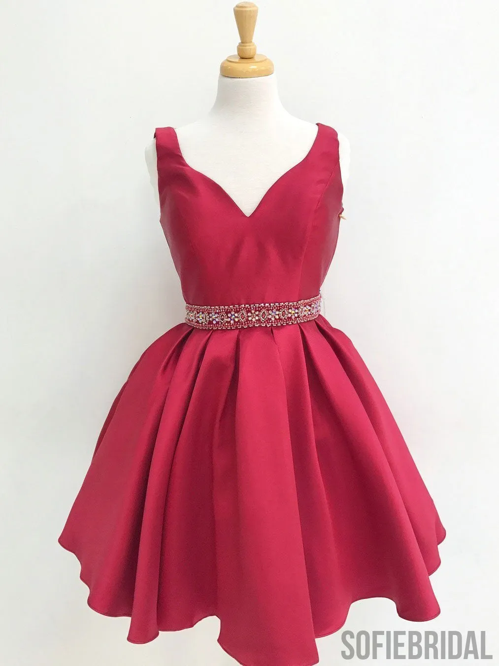 V Neck Red See Through Beading Custom Cheap Homecoming Dresses 2018, CM427