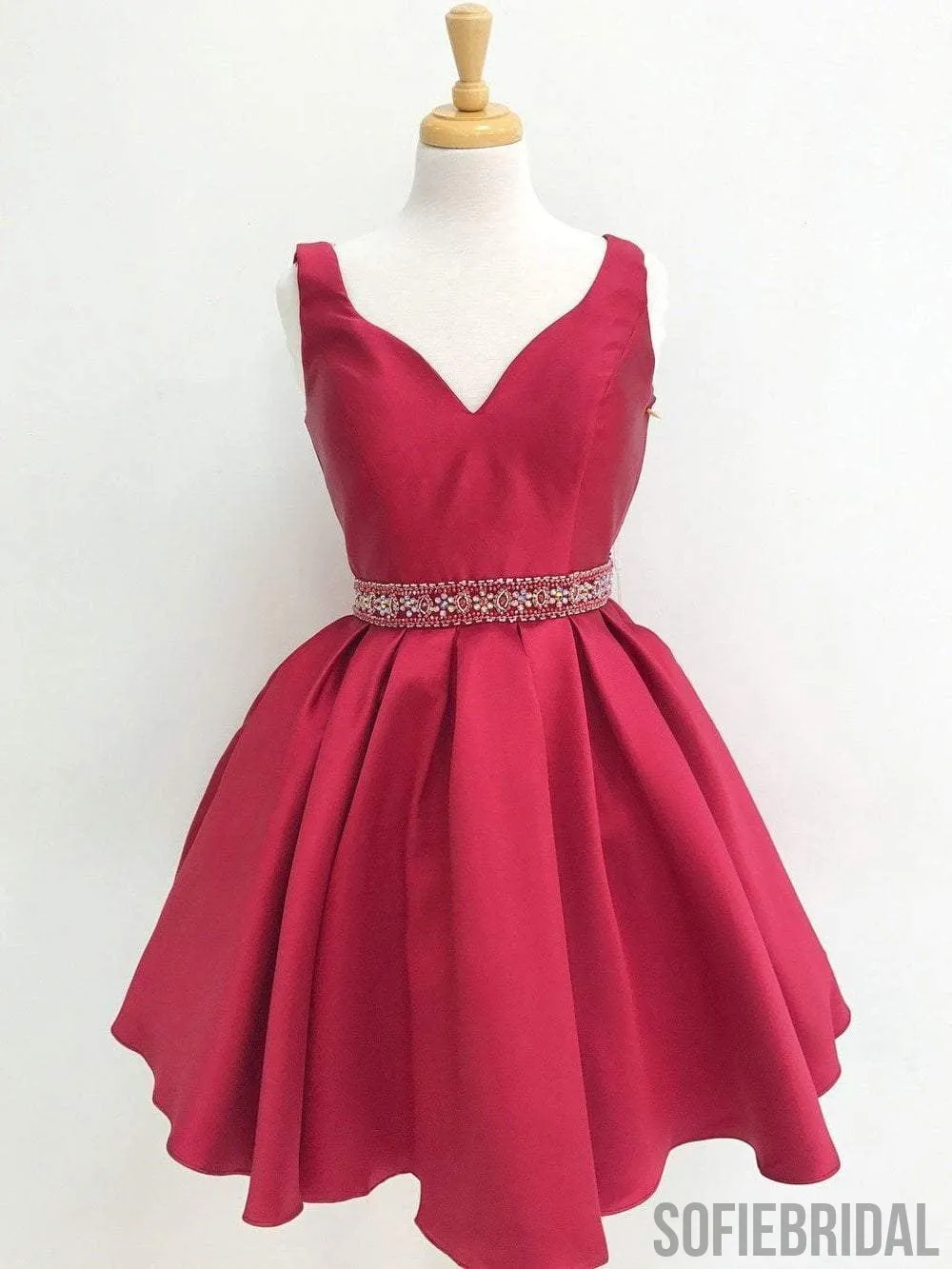 V Neck Red See Through Beading Custom Cheap Homecoming Dresses 2018, CM427