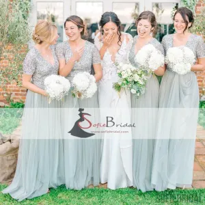 V-neck Sequin Top Tulle Bridesmaid Dresses, Sage Bridesmaid Dresses, Cheap Bridesmaid Dresses, PD0493