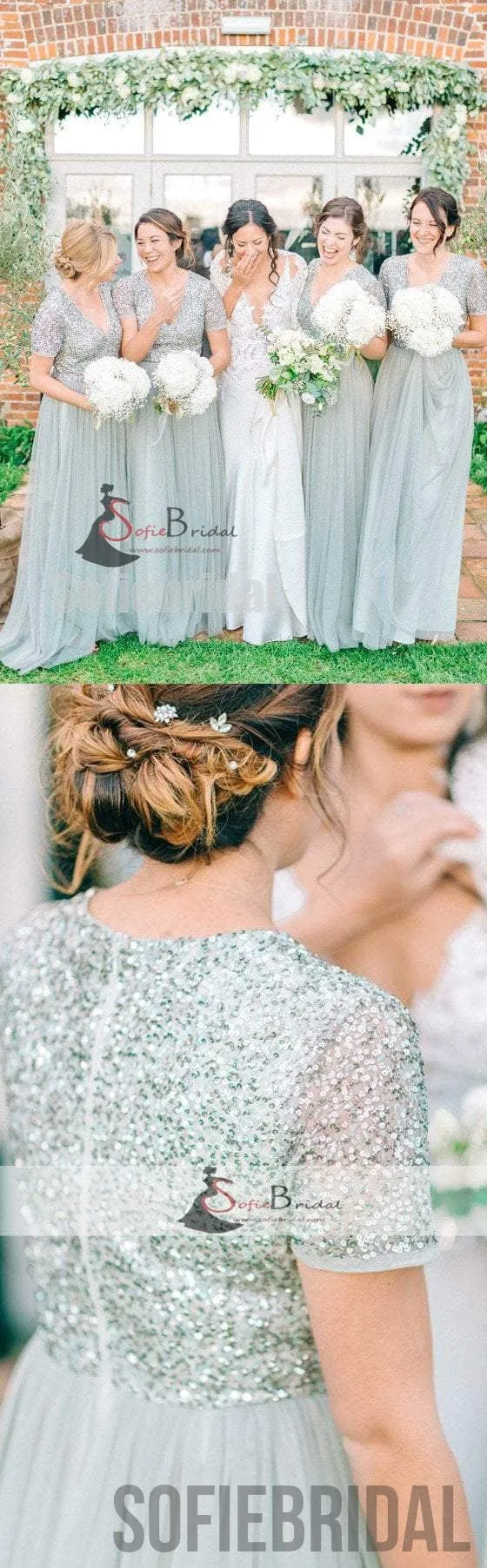 V-neck Sequin Top Tulle Bridesmaid Dresses, Sage Bridesmaid Dresses, Cheap Bridesmaid Dresses, PD0493