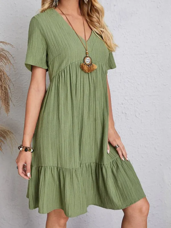 V-neck Short Sleeve Dress with Loose Hem and Wrinkle-Resistant Fabric