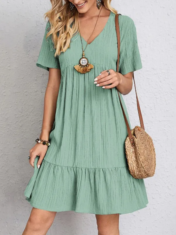 V-neck Short Sleeve Dress with Loose Hem and Wrinkle-Resistant Fabric
