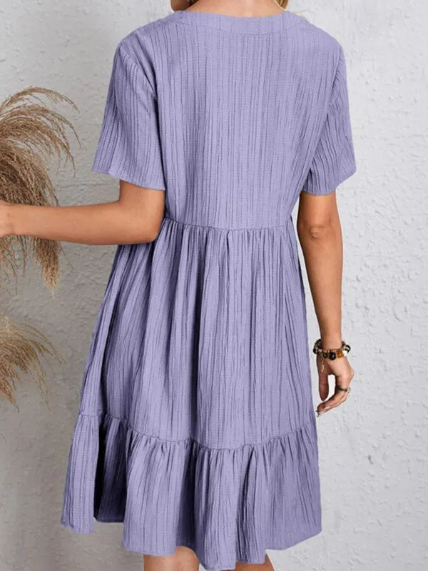 V-neck Short Sleeve Dress with Loose Hem and Wrinkle-Resistant Fabric