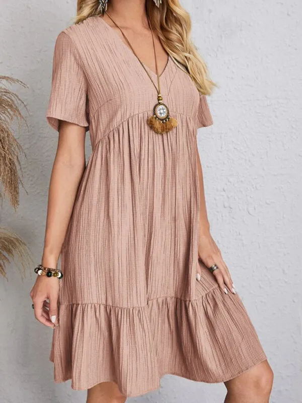 V-neck Short Sleeve Dress with Loose Hem and Wrinkle-Resistant Fabric
