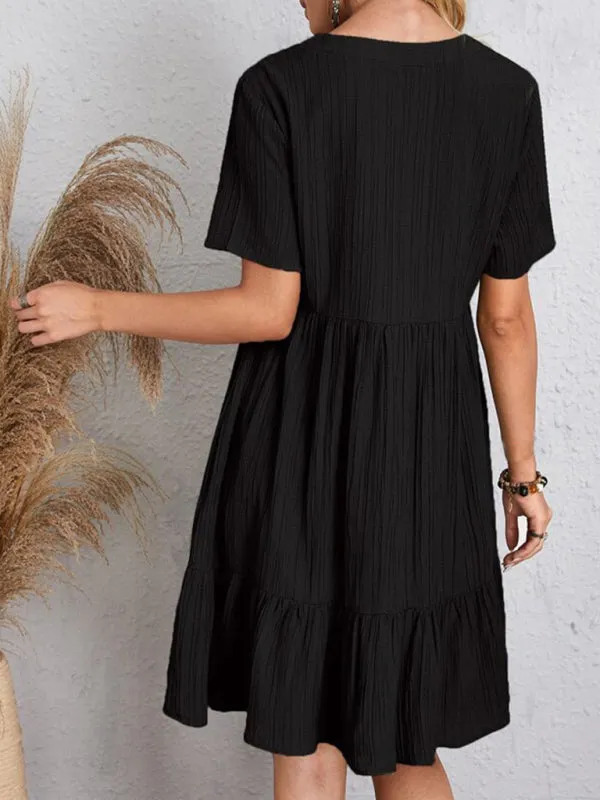 V-neck Short Sleeve Dress with Loose Hem and Wrinkle-Resistant Fabric