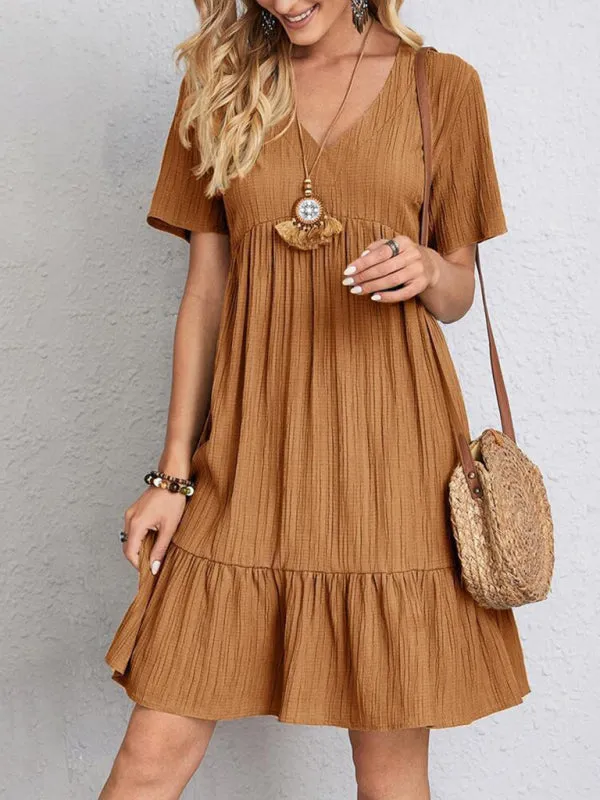 V-neck Short Sleeve Dress with Loose Hem and Wrinkle-Resistant Fabric