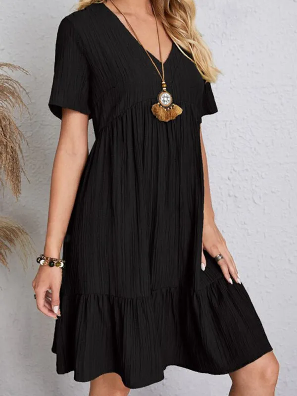 V-neck Short Sleeve Dress with Loose Hem and Wrinkle-Resistant Fabric