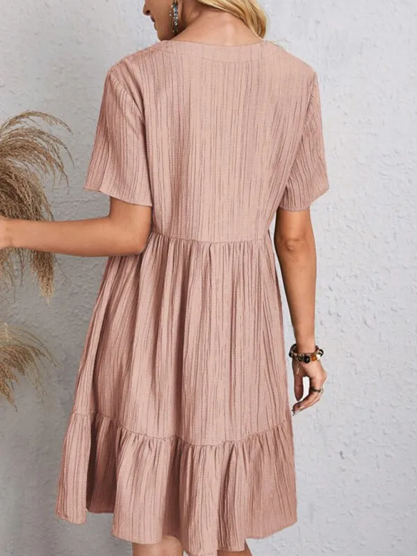 V-neck Short Sleeve Dress with Loose Hem and Wrinkle-Resistant Fabric