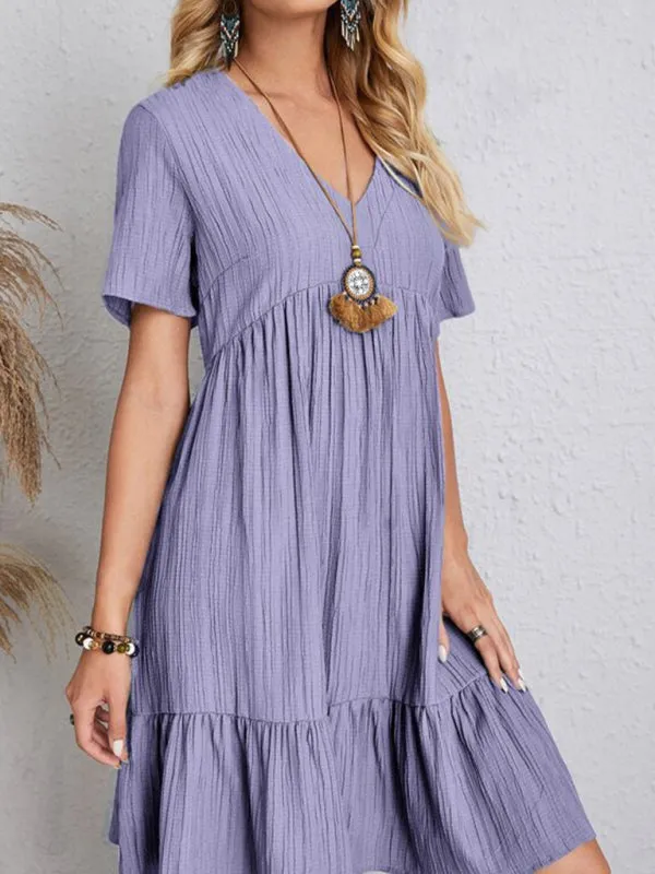 V-neck Short Sleeve Dress with Loose Hem and Wrinkle-Resistant Fabric