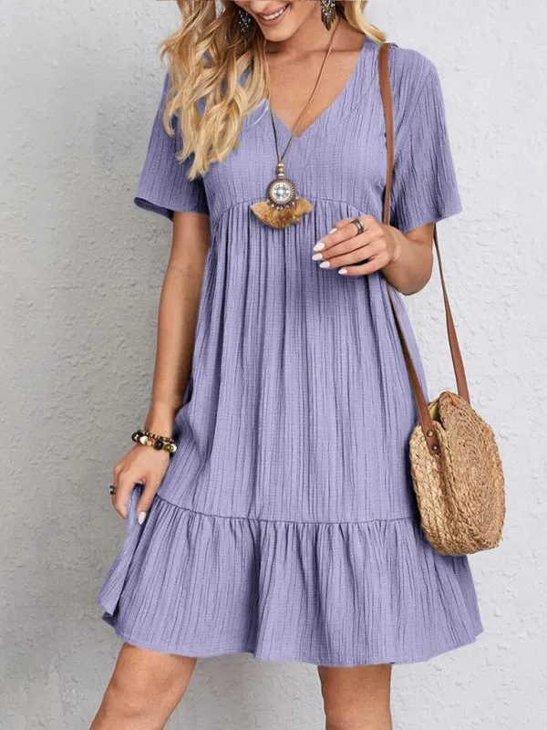 V-neck Short Sleeve Dress with Loose Hem and Wrinkle-Resistant Fabric