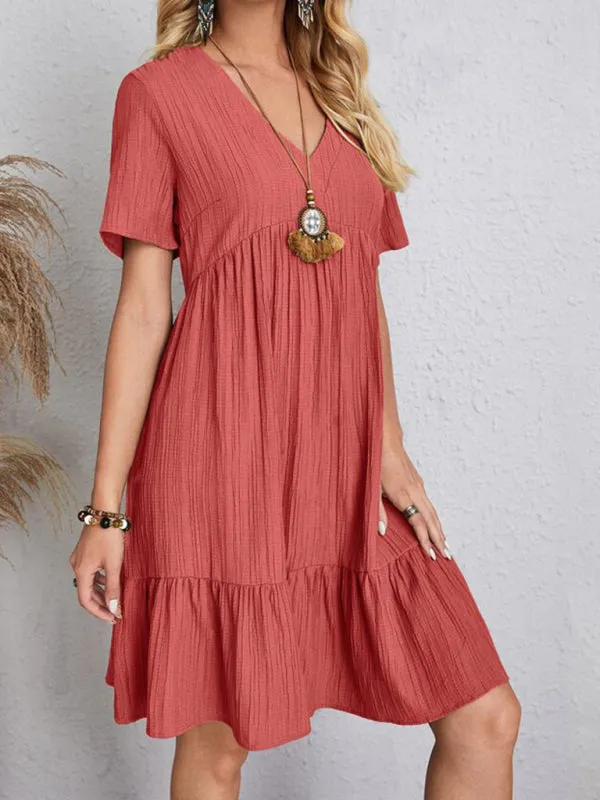 V-neck Short Sleeve Dress with Loose Hem and Wrinkle-Resistant Fabric