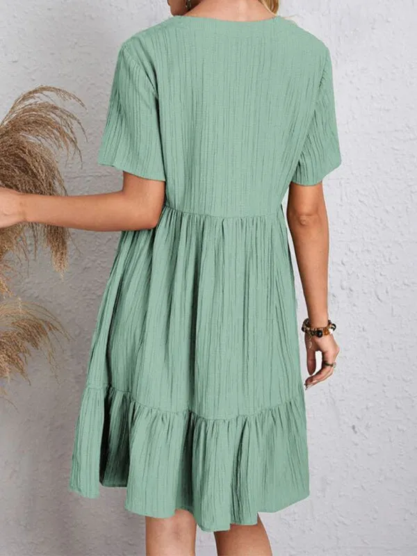 V-neck Short Sleeve Dress with Loose Hem and Wrinkle-Resistant Fabric