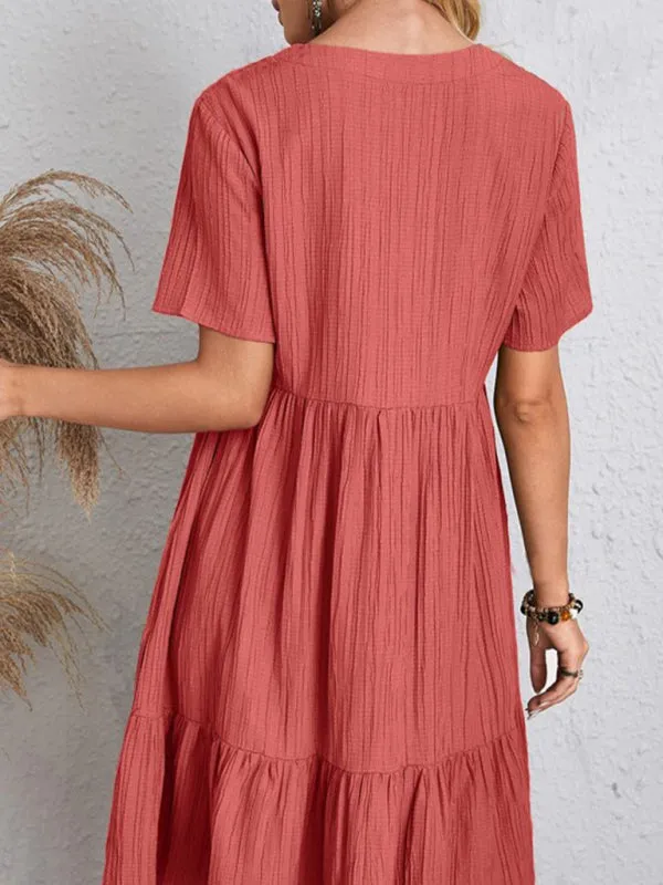 V-neck Short Sleeve Dress with Loose Hem and Wrinkle-Resistant Fabric