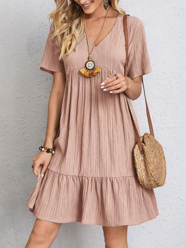 V-neck Short Sleeve Dress with Loose Hem and Wrinkle-Resistant Fabric