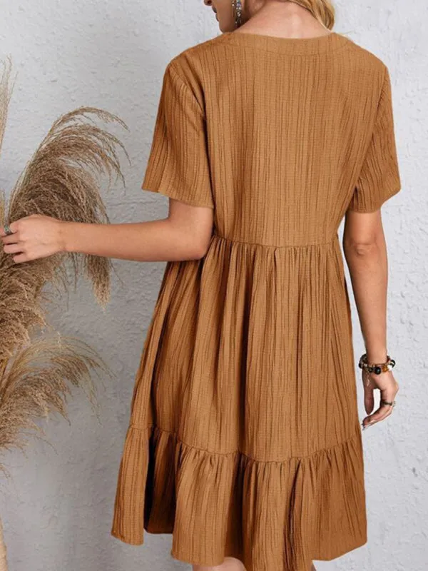 V-neck Short Sleeve Dress with Loose Hem and Wrinkle-Resistant Fabric