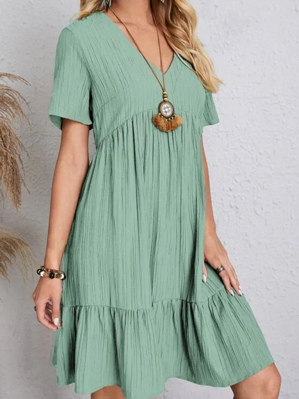 V-neck Short Sleeve Dress with Loose Hem and Wrinkle-Resistant Fabric