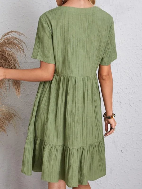 V-neck Short Sleeve Dress with Loose Hem and Wrinkle-Resistant Fabric