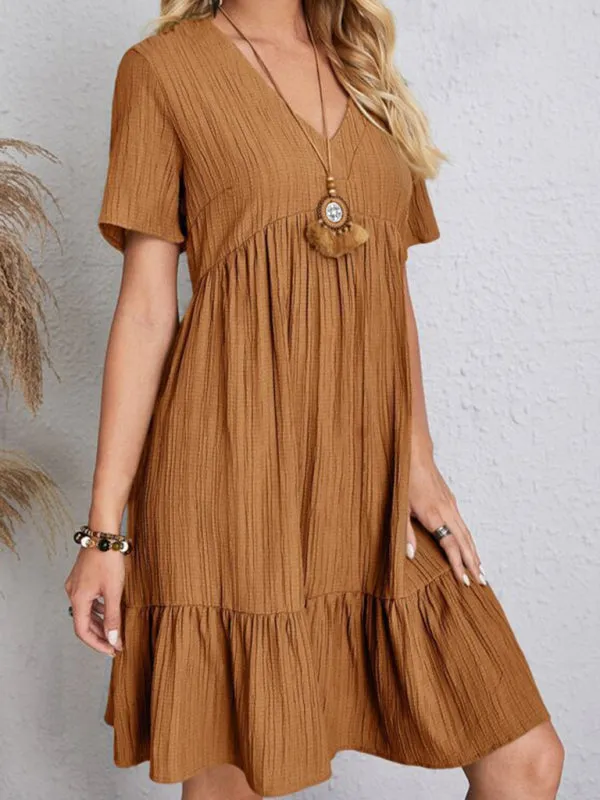 V-neck Short Sleeve Dress with Loose Hem and Wrinkle-Resistant Fabric