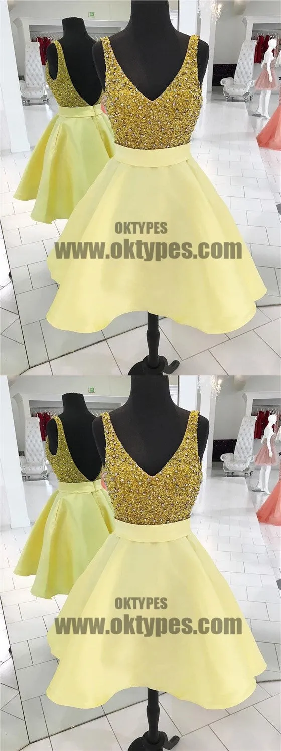 V Neck Yellow Beaded Backless Cheap Cute Simple Homecoming Dresses 2018, TYP0660