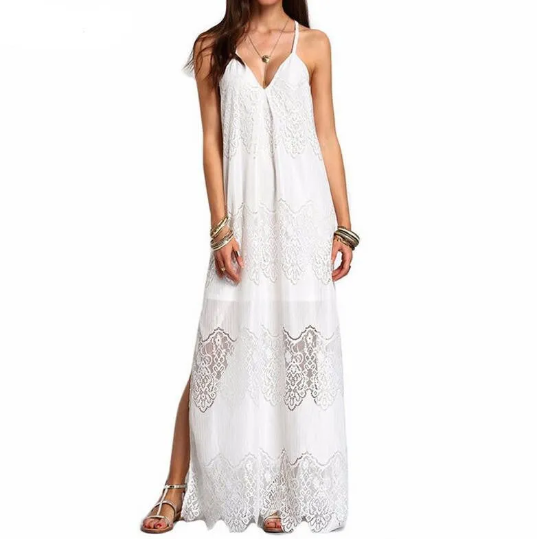 Vacation Spaghetti Strap Mesh Lace Side Split Maxi Beach Dresses Cover Ups