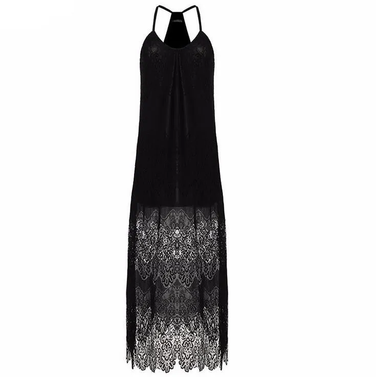 Vacation Spaghetti Strap Mesh Lace Side Split Maxi Beach Dresses Cover Ups