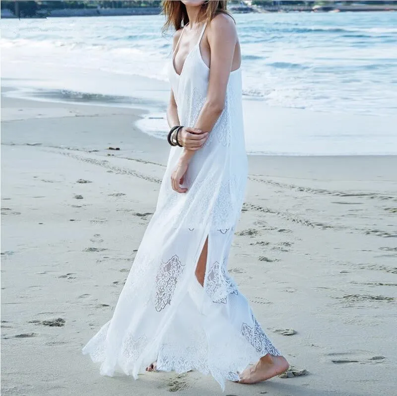 Vacation Spaghetti Strap Mesh Lace Side Split Maxi Beach Dresses Cover Ups