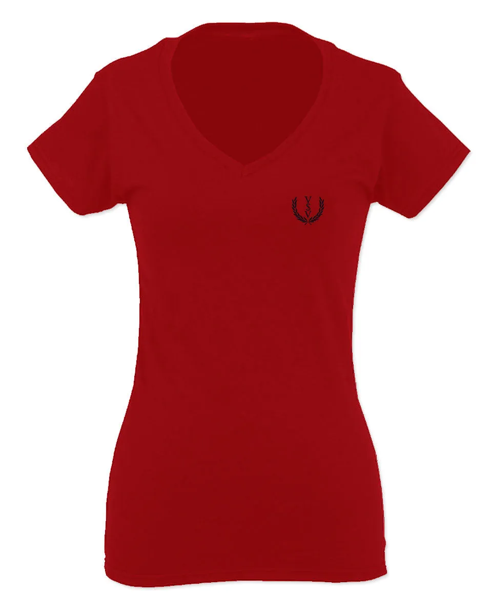 VICES AND VIRTUESS Cool Small Logo Seal Good Vibe For Women V neck fitted T Shirt