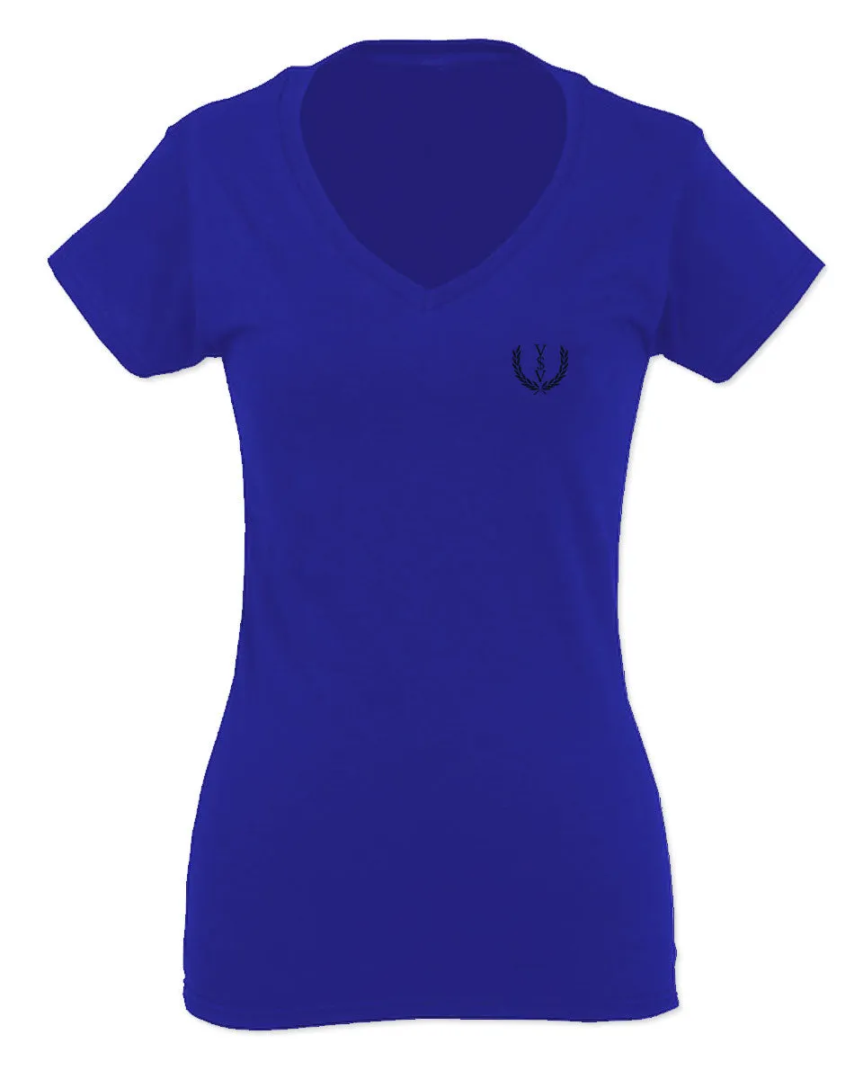 VICES AND VIRTUESS Cool Small Logo Seal Good Vibe For Women V neck fitted T Shirt