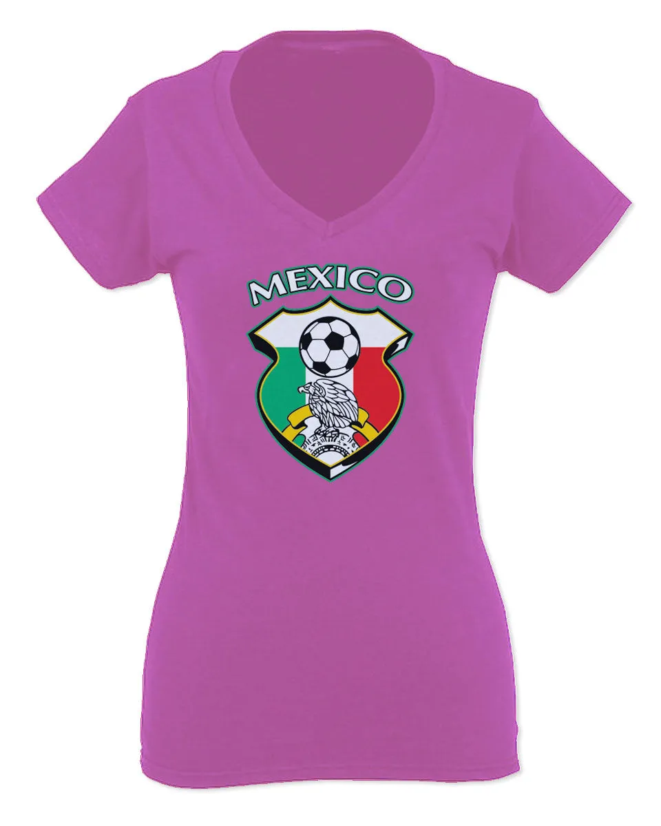 VICES AND VIRTUESS Escudo Mexicano Futbol Mexico Mexican Football Shield For Women V neck fitted T Shirt