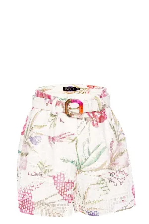 Viera White Floral Belted Lace Shorts