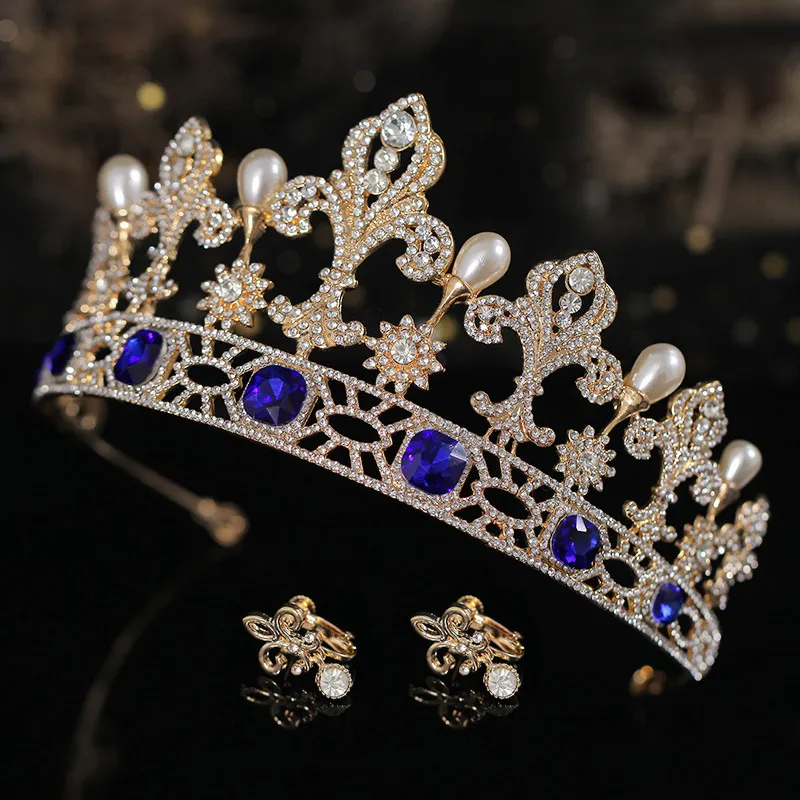 Vintage Gold Blue Crystal Bridal Tiaras Pearl Crown Set