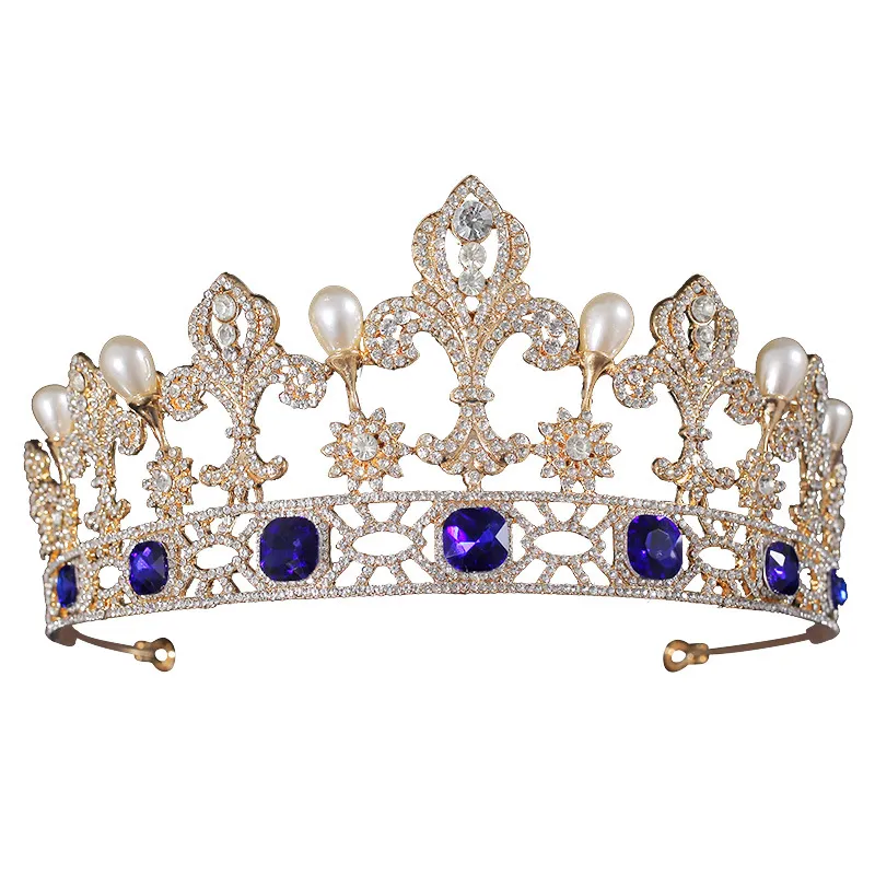 Vintage Gold Blue Crystal Bridal Tiaras Pearl Crown Set