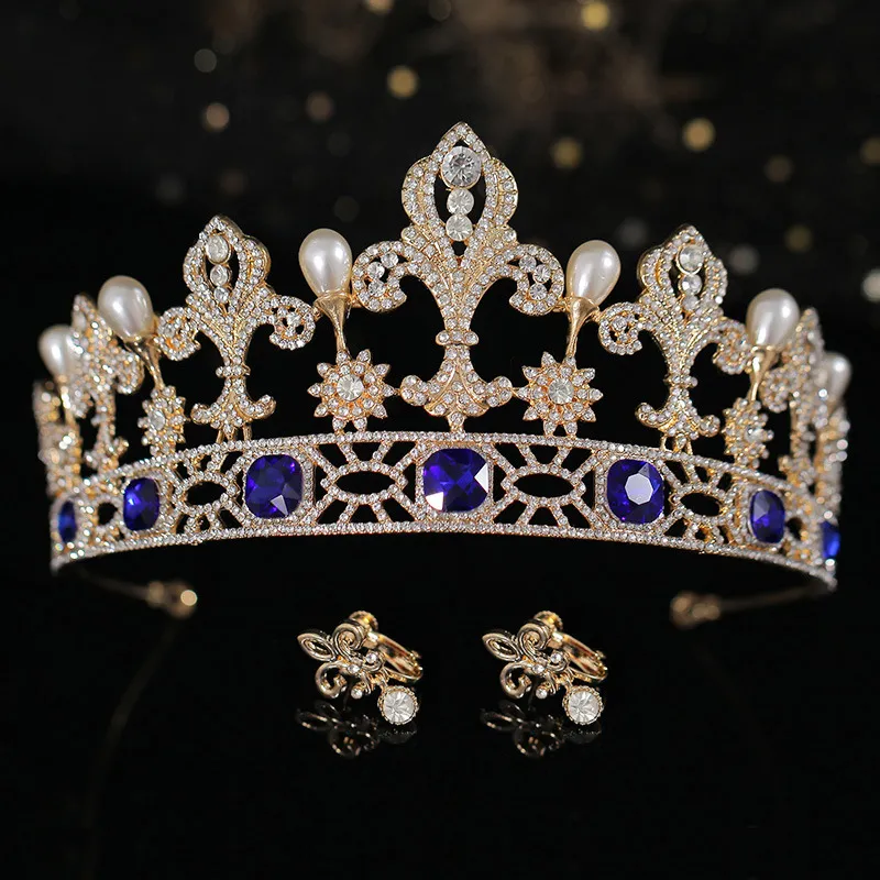 Vintage Gold Blue Crystal Bridal Tiaras Pearl Crown Set