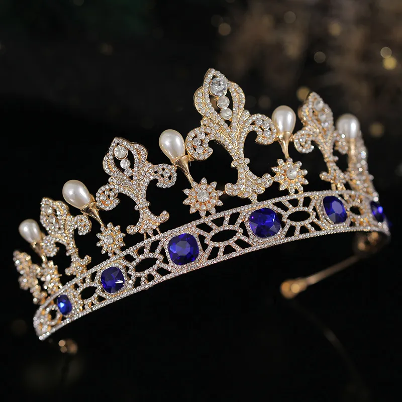 Vintage Gold Blue Crystal Bridal Tiaras Pearl Crown Set