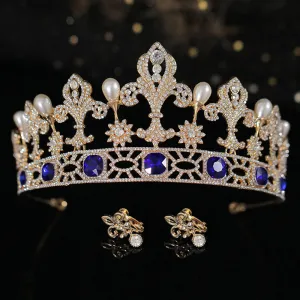 Vintage Gold Blue Crystal Bridal Tiaras Pearl Crown Set