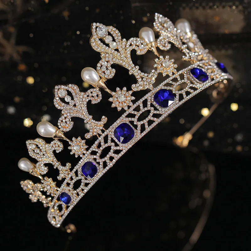 Vintage Gold Blue Crystal Bridal Tiaras Pearl Crown Set
