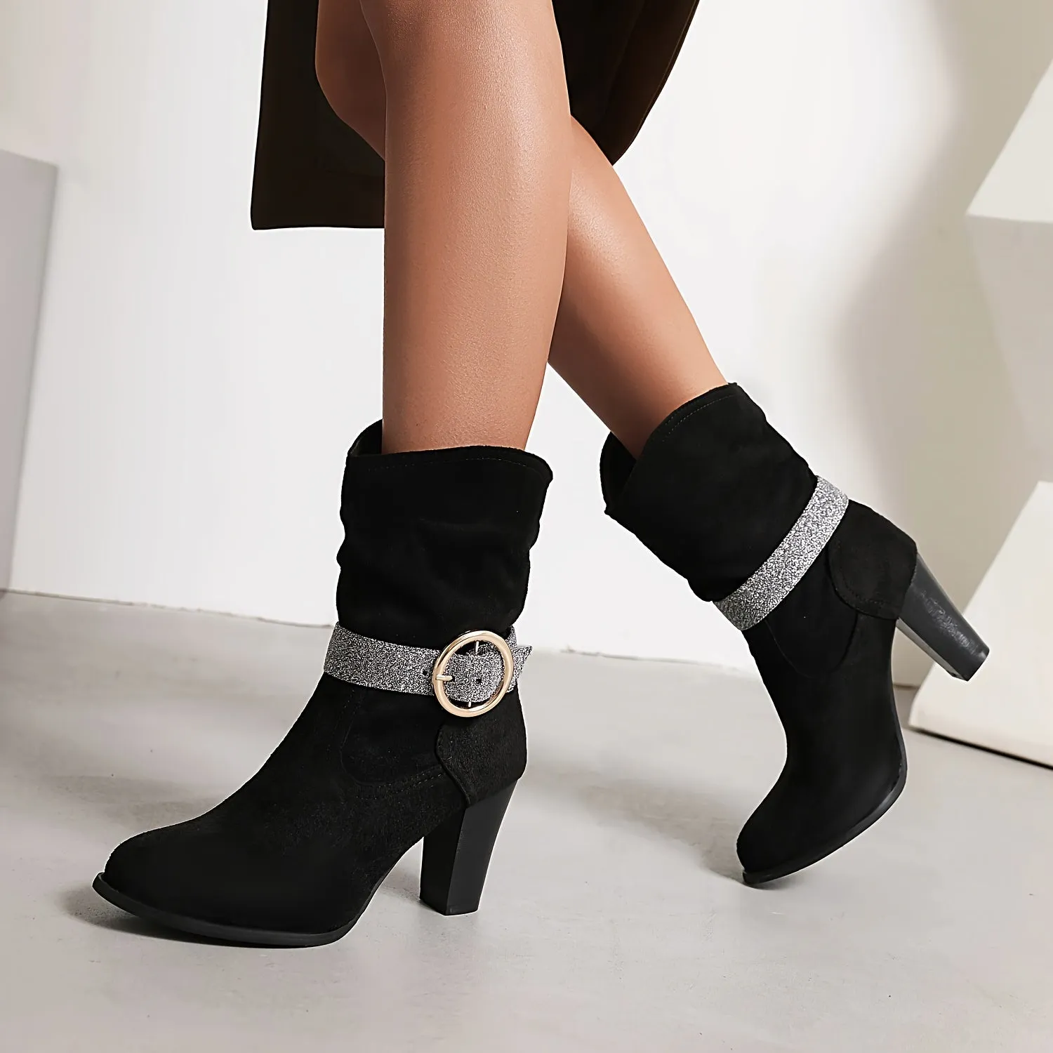 VougeVamp Women's Glitter Buckle Strap High Heel Boots – Chic Round Toe Block Heel Ankle Booties