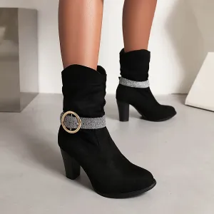 VougeVamp Women's Glitter Buckle Strap High Heel Boots – Chic Round Toe Block Heel Ankle Booties