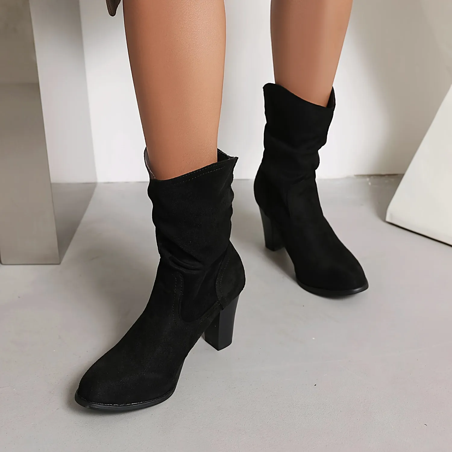 VougeVamp Women's Glitter Buckle Strap High Heel Boots – Chic Round Toe Block Heel Ankle Booties